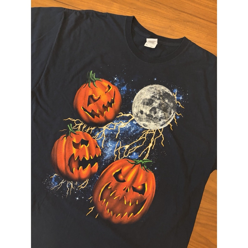 Vintage Halloween Pumpkin T-Shirt Mens 2XL Black Lantern Lightning Full Moon